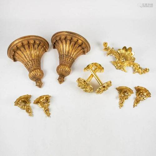 Group of 9 Italian Style Gilt Wall Shelves and Sconces