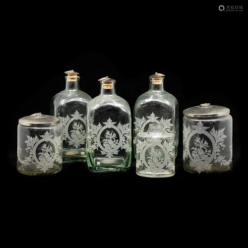 Set of 6 Portugal Etched Glass Decanters and Lidded