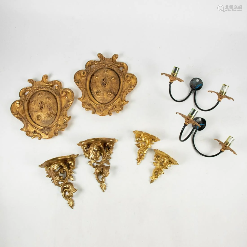 Group of 8 Italian Style Gilt Wall Shelves and Sconces