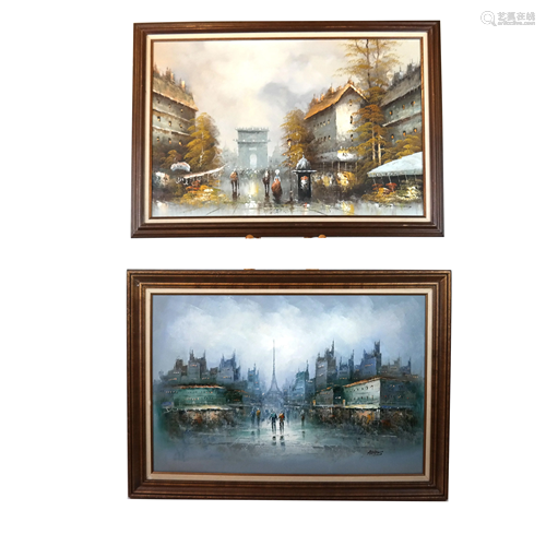 Street Scenes - Two Oil Paintings