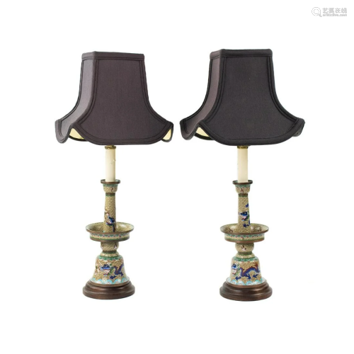Chinese Cloisonne Converted Candlestick Lamps - a Pair