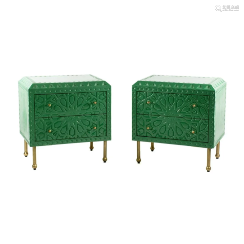 Pair of Modern Moorish Style Green Nightstands