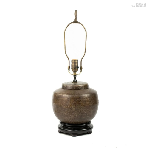 Mid-Century Chinese Bronze Etched Table Lamp