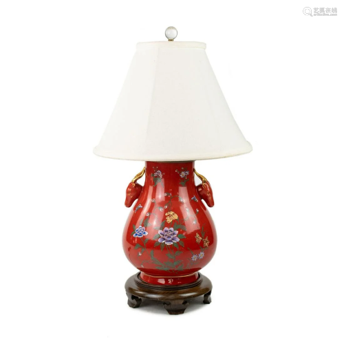 Chinese Porcelain Deer Handled Hu Vase Table Lamp