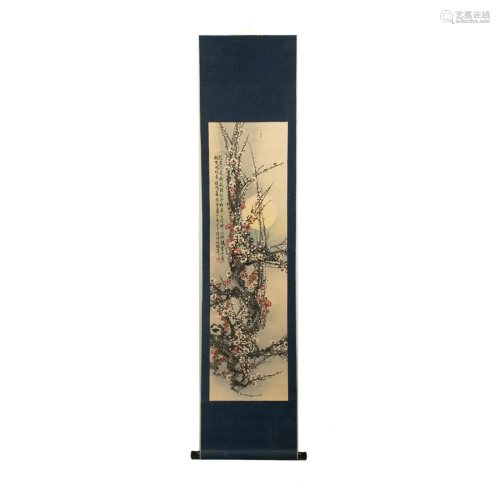 Chinese Cherry Blossom Watercolor Scroll Painting