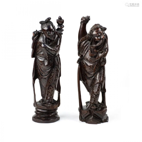 Pair of Chinese Silver Inlay Rosewood Carved Figurines