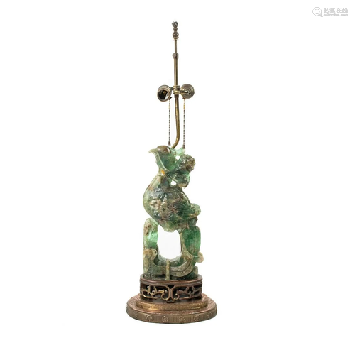 19th C. Chinese Green Quartz Phoenix Table Lamp