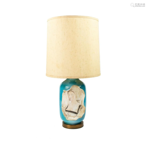 Mid-Century Female Portrait Turquoise Table Lamp