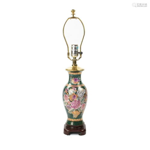 Asian Floral Hand-Painted Ceramic & Brass Table Lamp