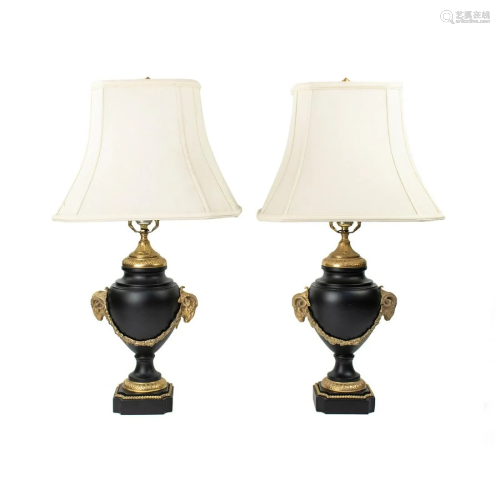 Pair of Neoclassical Black & Brass Ram Head Table Lamps