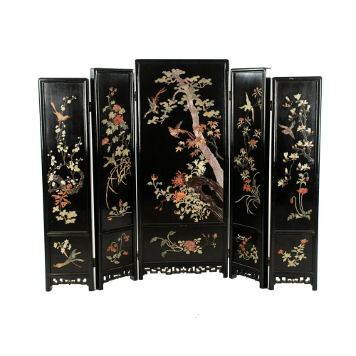 Chinese 5 Panel Lacquered Hardstone Staggered Screen