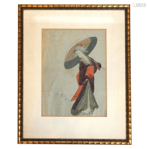 19th C. Japanese Print - Woman w/ Parasol