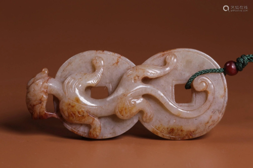 Qing Dynasty White Jade Russet Chi Long Double Disc