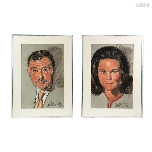 Pair of Signed Pastel on Paper Portraits Man and Woman