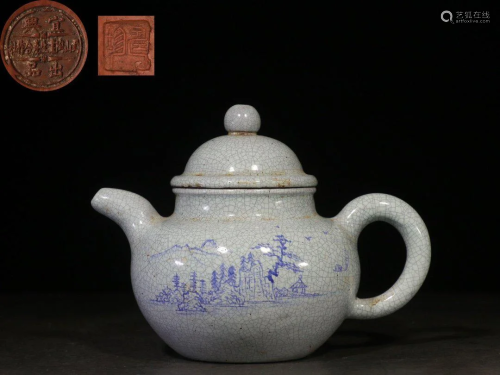 Chen Shouzhen' Hang glaze Blue White Yixing Clay Teapot