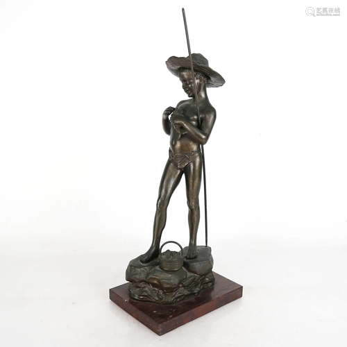 Fishing Boy - Bronze Sculpture, Signed