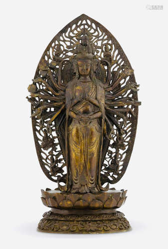 GILT BRONZE CAST GUANYIN BUDDHA