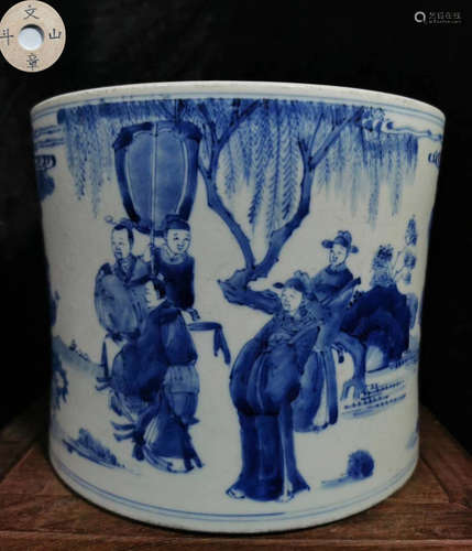 BLUE&WHITE GLAZE FIGURE STORY BRUSH POT