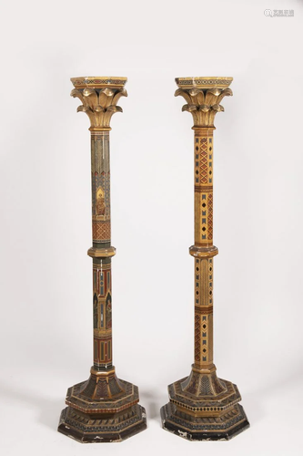 Pair of Neo-Gothic Columns in Sicilian Lacquered Wood.