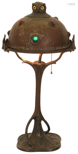 Austrian Patinated Metal & Jeweled Owl Lamp