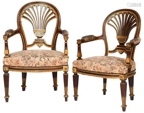 Pair of Louis XVI Style Mahogany & Gilt Armchairs