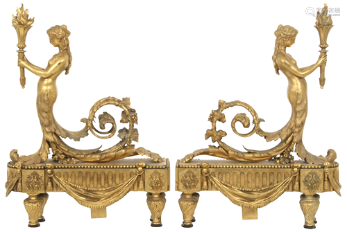 Pair of Louis XVI Style Gilt Bronze Chenets