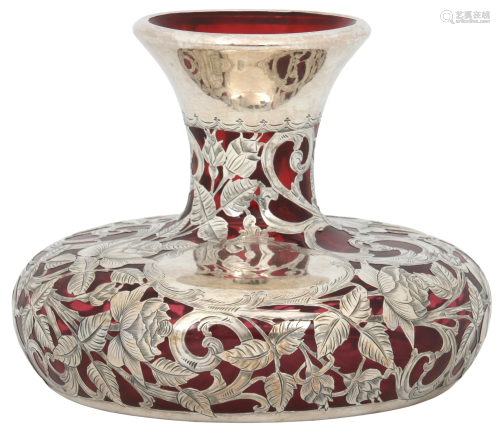 Alvin Silver Overlay Cranberry Glass Vase