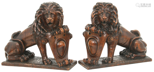 Pair of Carved Oak Lion Figures