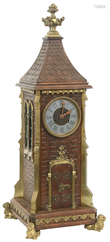 Gothic Revival Bronze & Walnut Steeple Clock