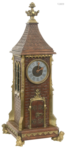 Gothic Revival Bronze & Walnut Steeple Clock