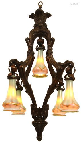 French Bronze Chandelier with Quezal Shades