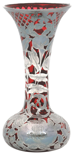 Alvin Silver Overlay Cranberry Glass Vase