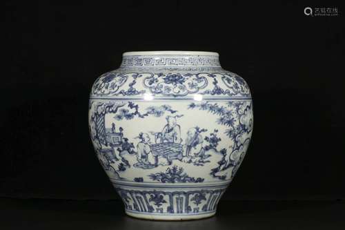 A LARGE BLUE AND WHITE FIGURE JAR