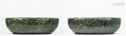 A PAIR OF MASSIVE CHINESE CARVED SPINACH JADE BASINS