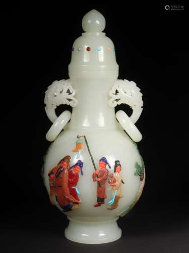 A HETIAN JADE EMBEDDED TREASURE FIGURE DOUBLE-EARED VASE  