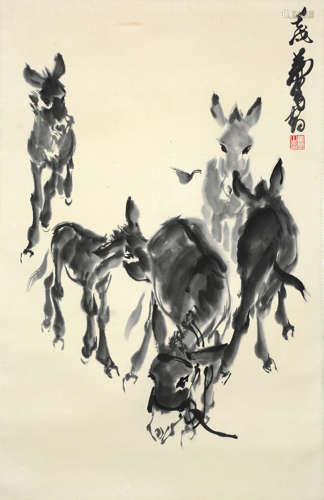 A CHINESE FIVE DONKEY PAINTING, HUANG ZHOU MARK