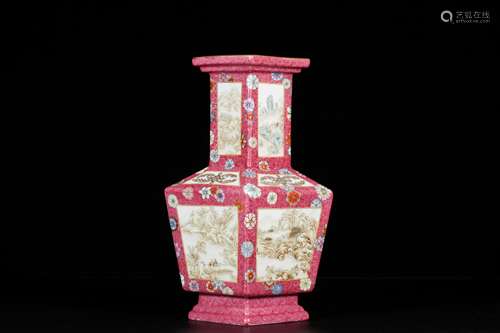 A ROUGE-GLAZED GRISAILLE LANDSCAPE SQUARE VASE