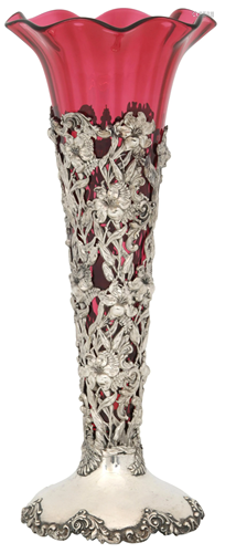 American Sterling Silver & Cranberry Glass Vase