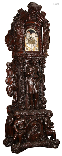 Monumental English Carved Oak Tall Case Clock