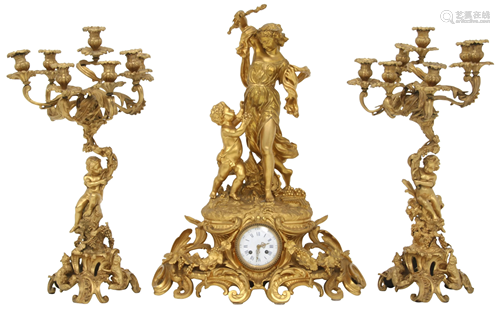 Louis XV Style Gilt Bronze Clock Garniture