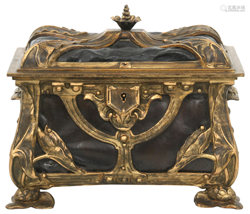 Art Nouveau Bronze & Leather Jewelry Box