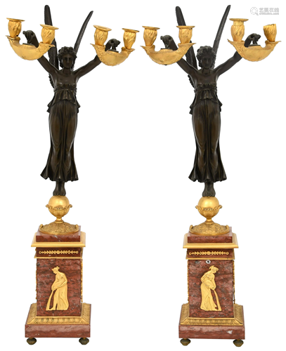 Pair of French Empire Bronze & Marble Candelabra