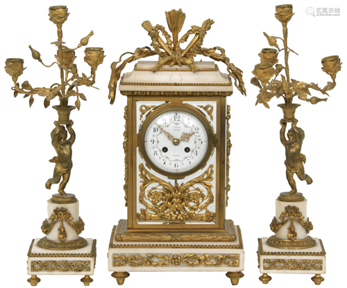 Louis XVI Style Bronze & Marble Clock Garniture