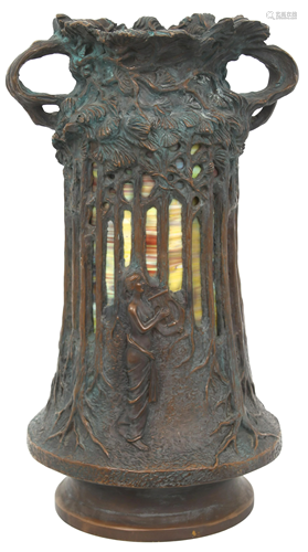 Art Nouveau Style Bronze & Glass Urn-Form Lamp