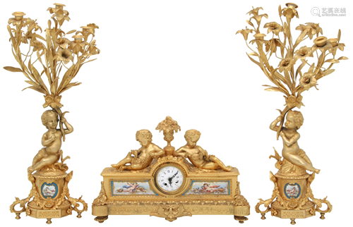 Napoleon III Bronze & Porcelain Clock Garniture