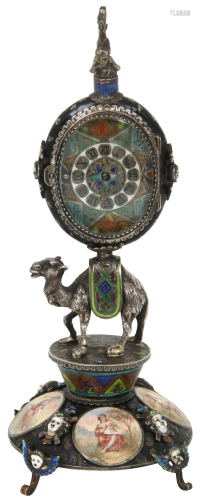 Austrian Silver & Enamel Camel-Form Cabinet Clock