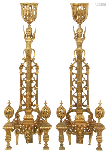 Pair of French Gilt Bronze Chenets/Candle Holders