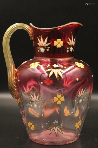 Victorian Cranberry Rubina Enameled Water Pitcher