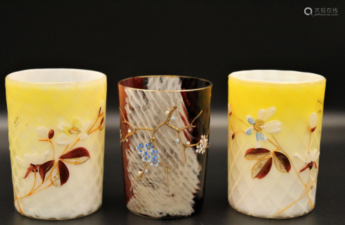3 pcs Victorian Satin mother of Pearl Glass Tumblers