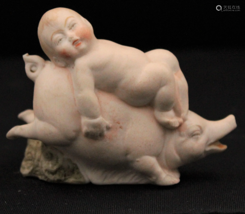 Rare Victorian Bisque Baby on Pig Back figurine